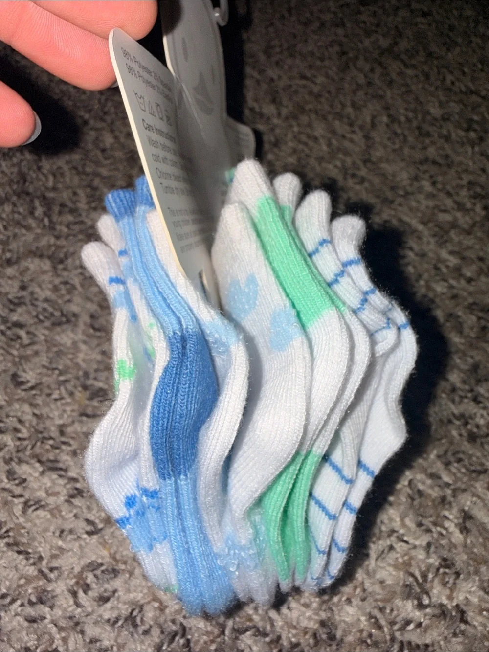 Duck Duck Goose 10-Pack Baby Socks (12-24M) - White with Blue & Green Prints